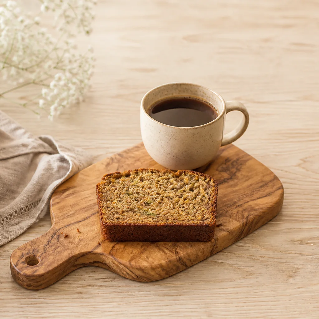 Slice of homemade whole grain zucchini bread on a wooden board with a cup of coffee