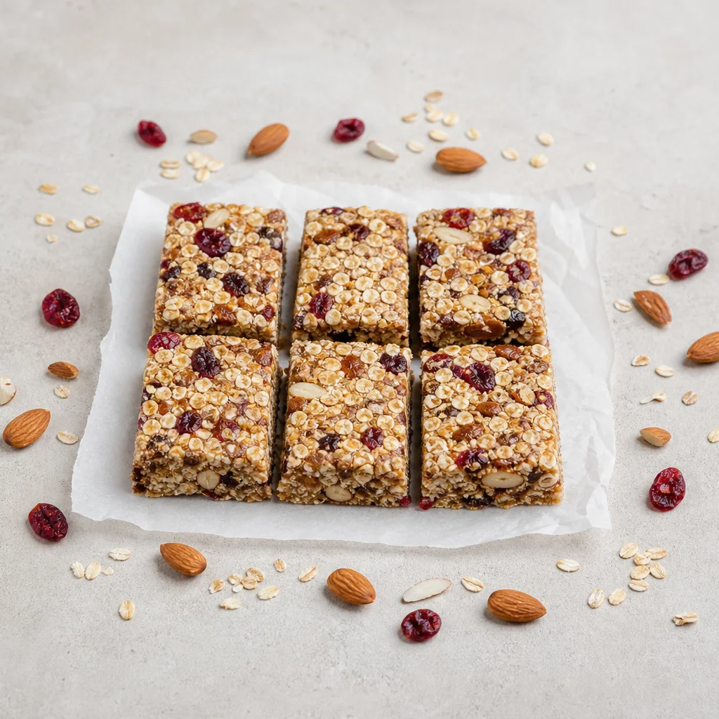 Homemade fruit and nut energy bars with dried cranberries almonds and oats on parchment paper