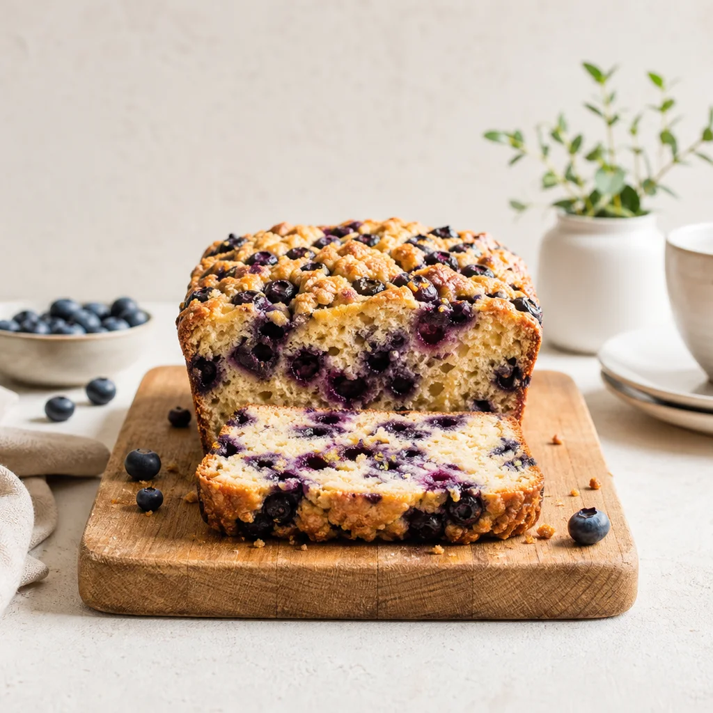 Sliced blueberry breakfast cake on a wooden board showing moist crumb and fresh blueberries