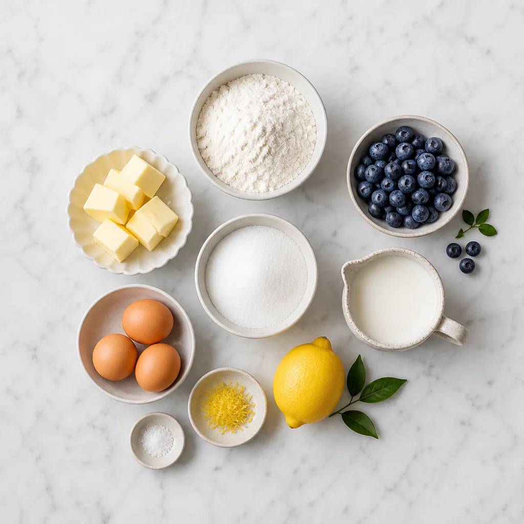 Blueberry breakfast cake ingredients including butter sugar eggs flour milk lemon and fresh blueberries