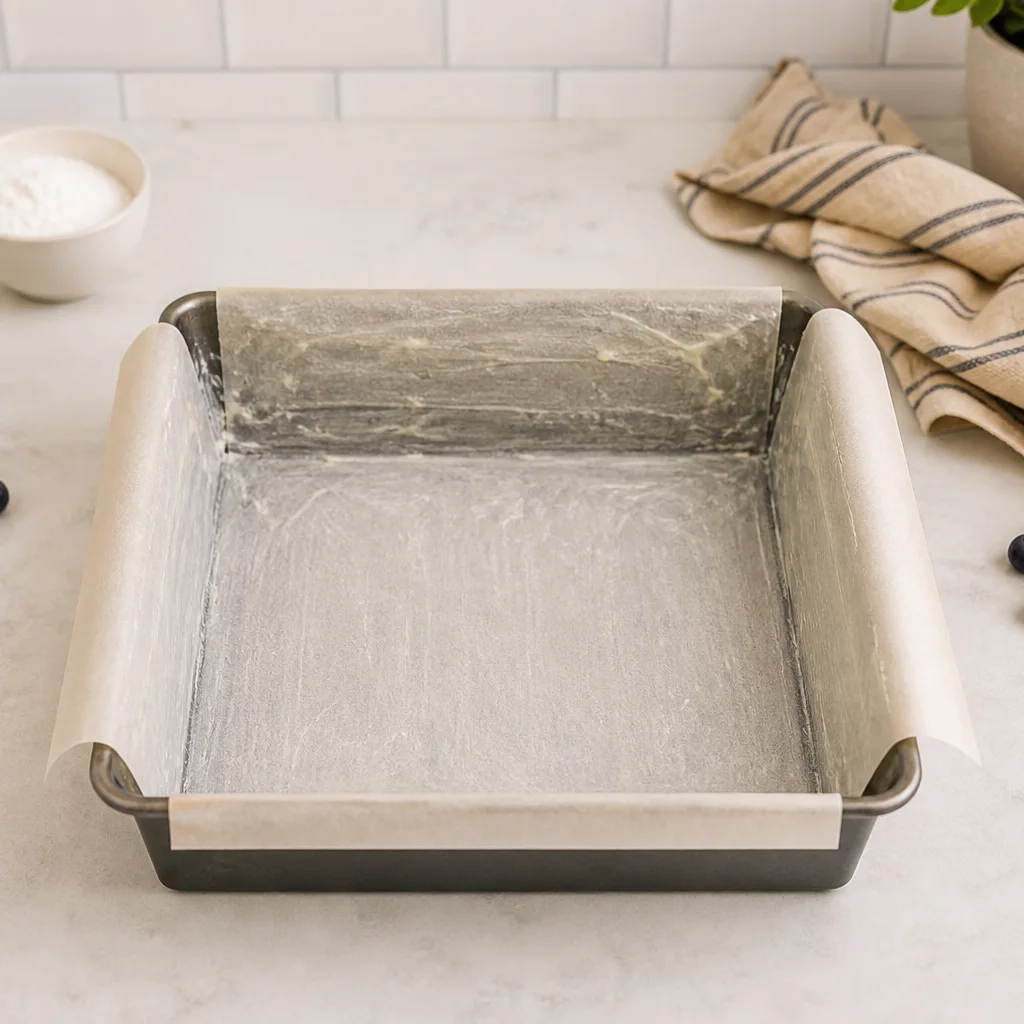 Greased 9 inch square baking pan with parchment paper on a kitchen counter