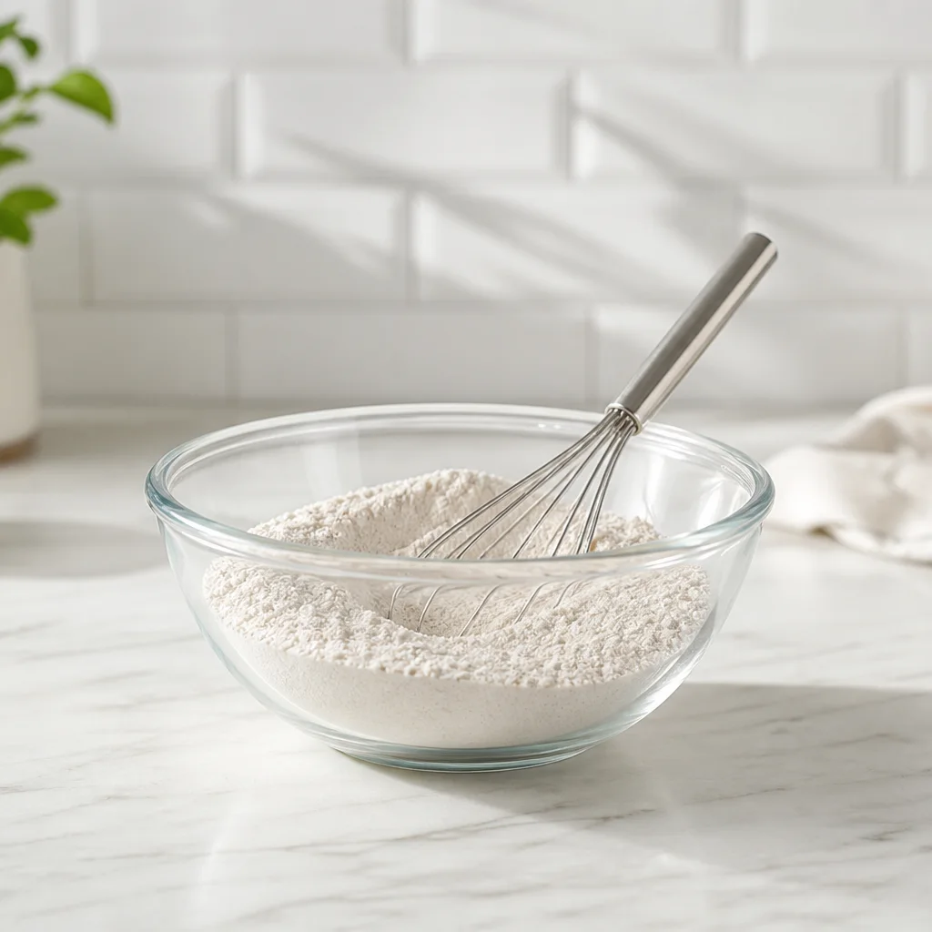 Flour baking powder and salt whisked together in a glass mixing bowl