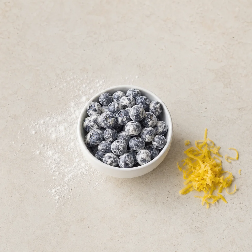 Fresh blueberries tossed in flour ready to fold into breakfast cake batter