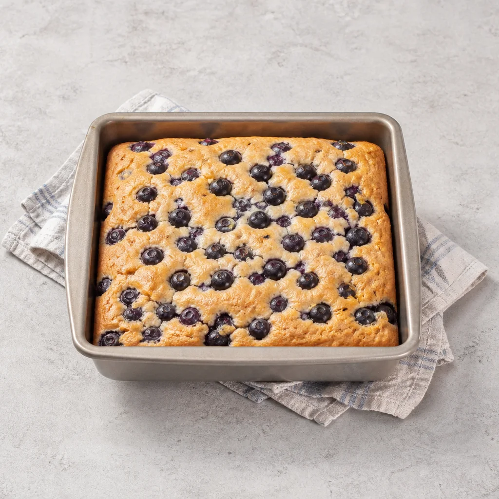 Golden baked blueberry breakfast cake in a square pan fresh from the oven