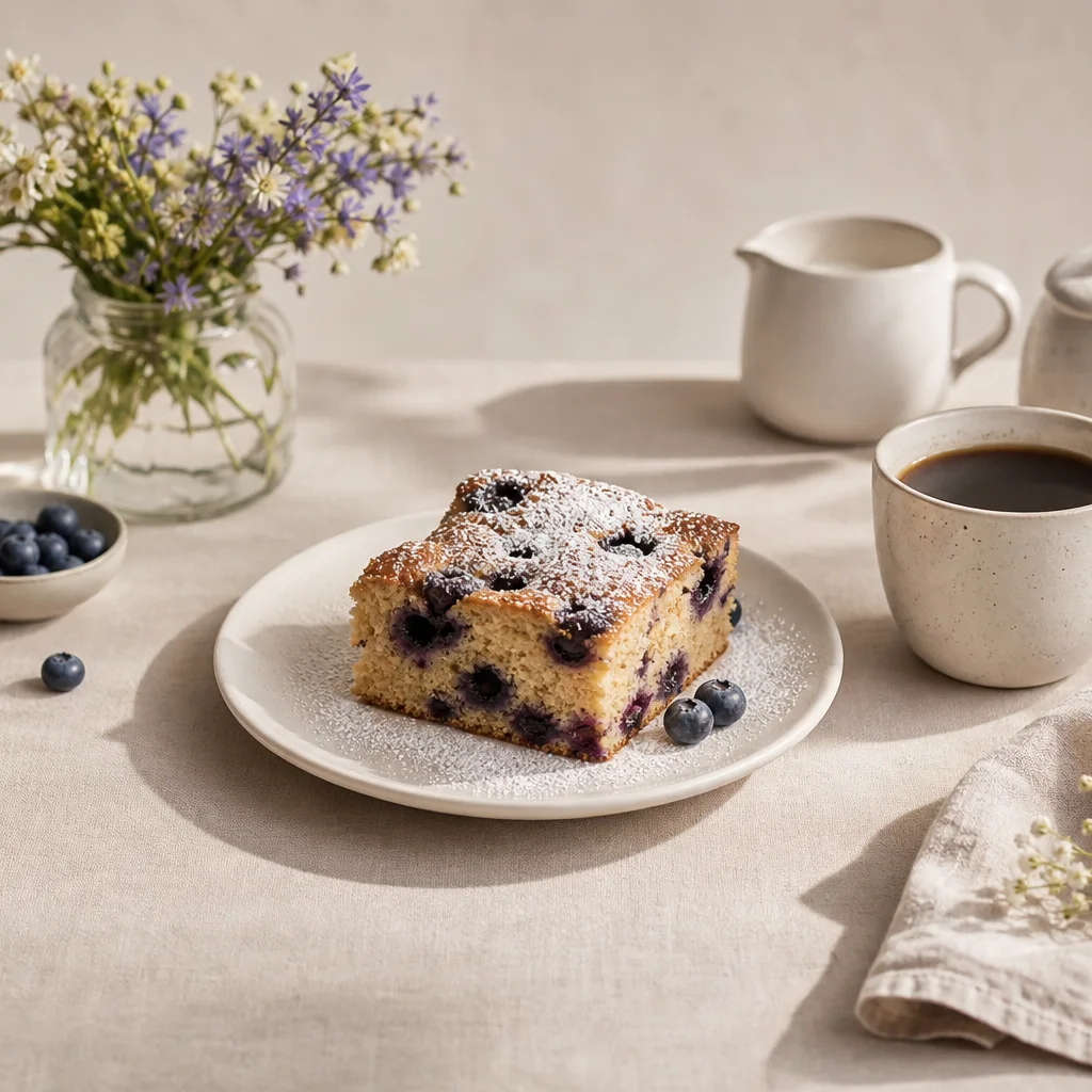 Slice of blueberry breakfast cake on a plate with coffee and powdered sugar dusting