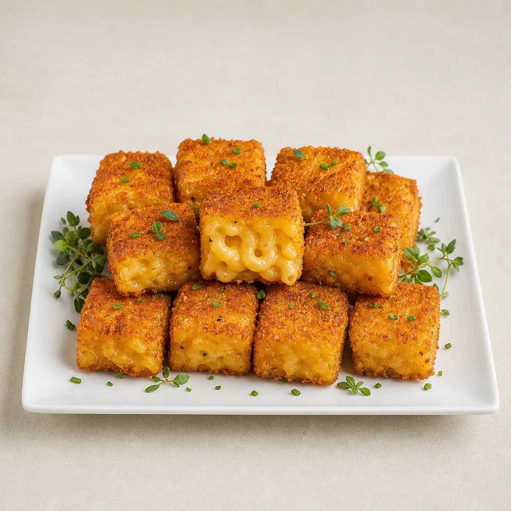 Golden crispy macaroni and cheese bites cut into squares with gooey cheddar center on a white serving platter