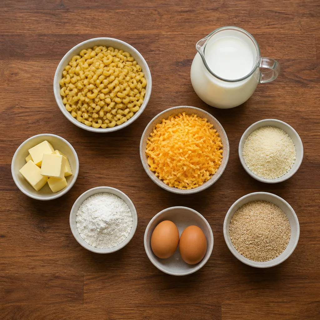 Ingredients for macaroni and cheese bites including elbow macaroni, cheddar, Parmesan, milk, eggs, and breadcrumbs on a kitchen counter