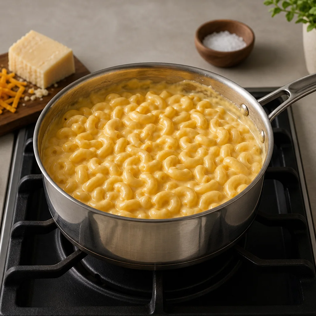 Creamy cheddar and Parmesan cheese sauce coating elbow macaroni in a saucepan