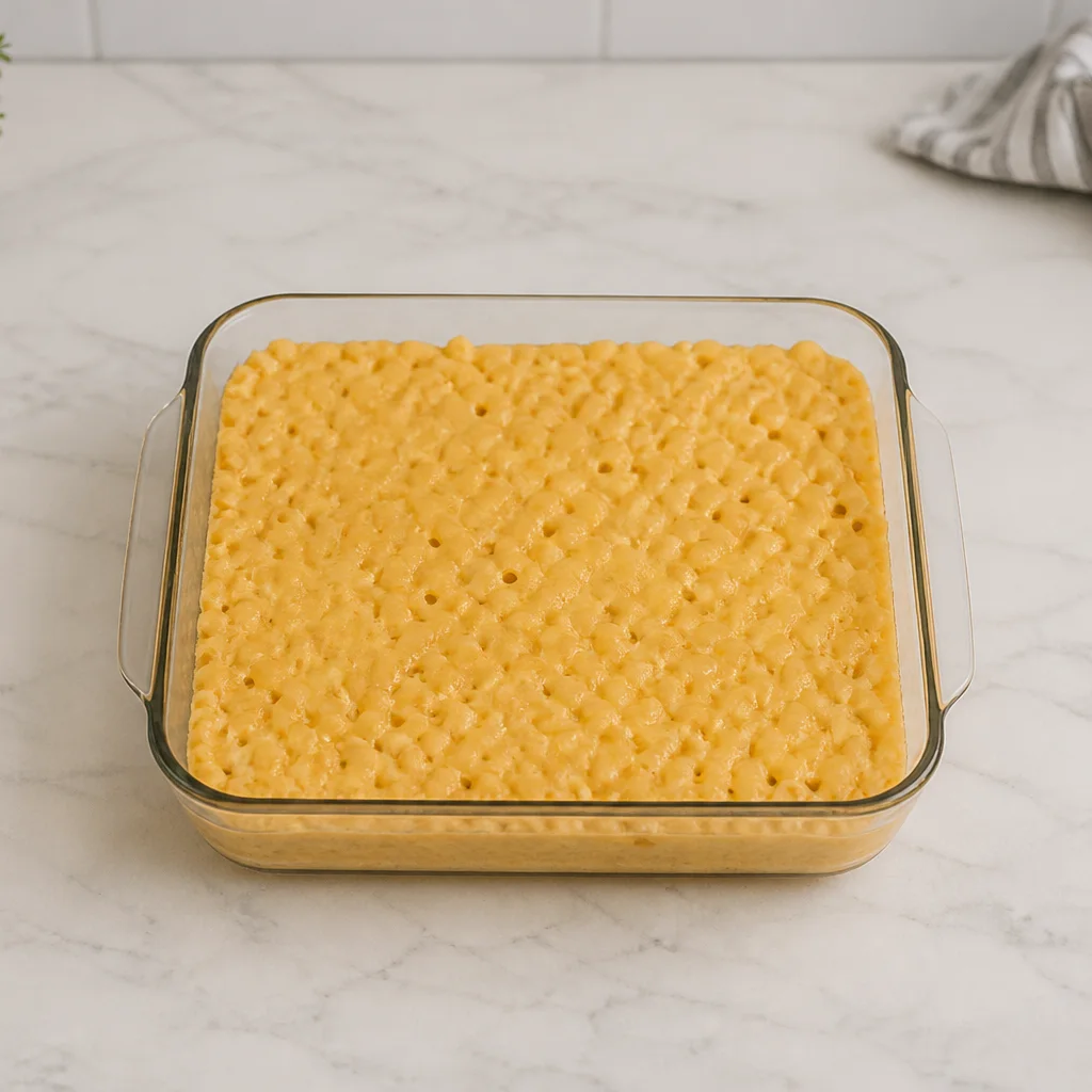 Chilled mac and cheese mixture spread evenly in a square baking dish ready to be cut