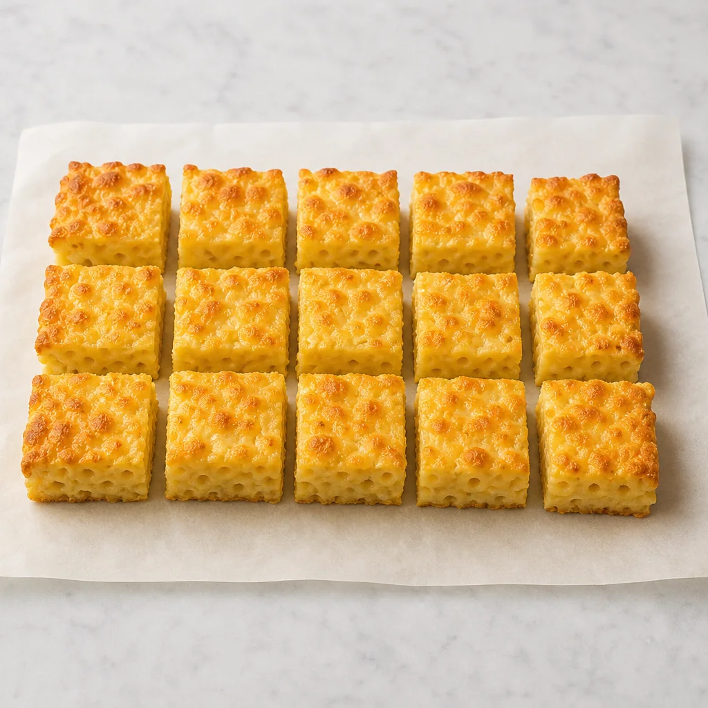 Firm mac and cheese squares cut from a chilled baking dish on parchment paper