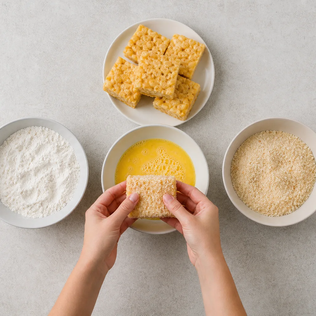 Mac and cheese squares coated in flour egg and breadcrumb breading station