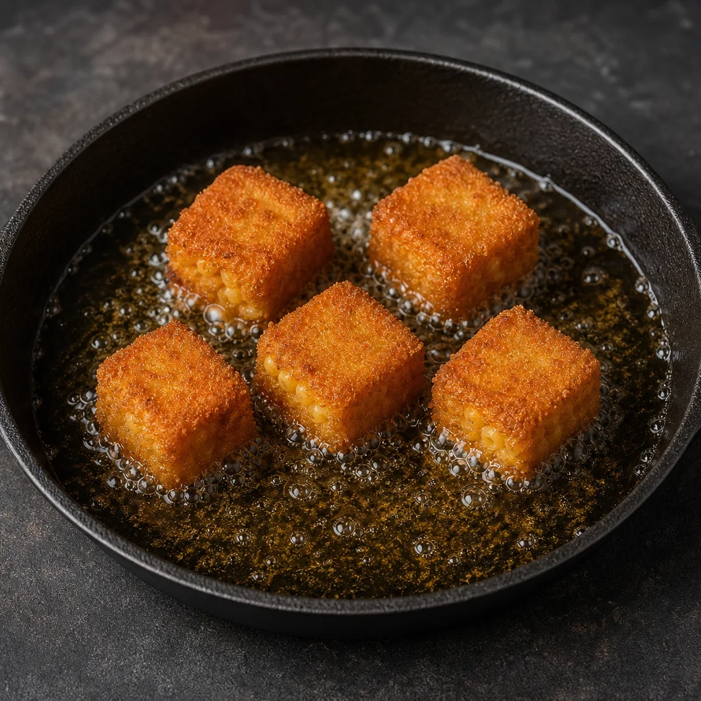 Square macaroni and cheese bites frying in hot oil until golden and crispy