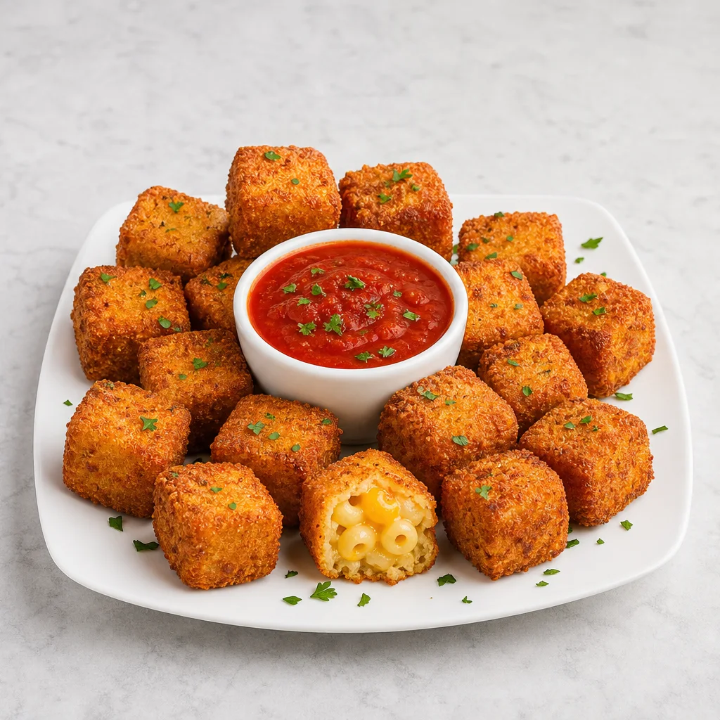 Crispy square macaroni and cheese bites served on a party platter with marinara dipping sauce