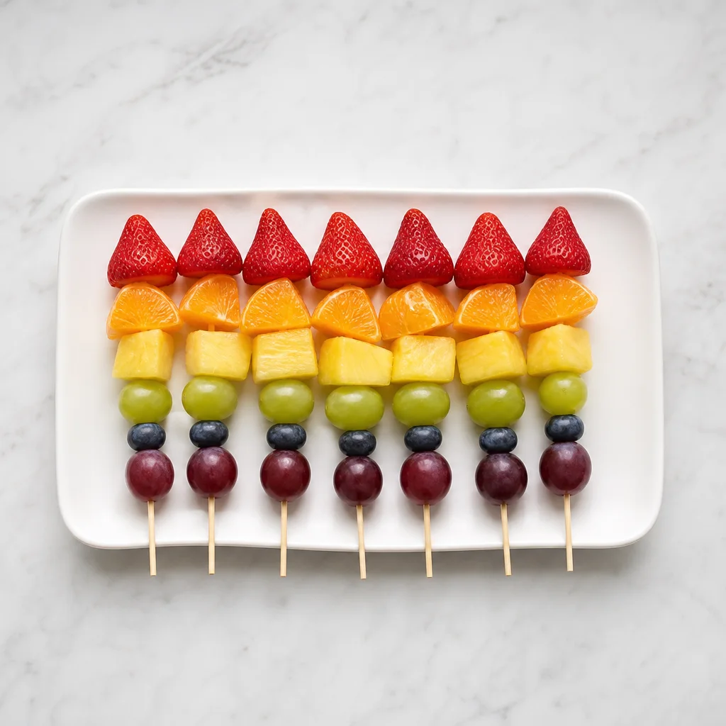 Rainbow fruit kabobs on wooden skewers with strawberries oranges pineapple grapes and blueberries on a white platter