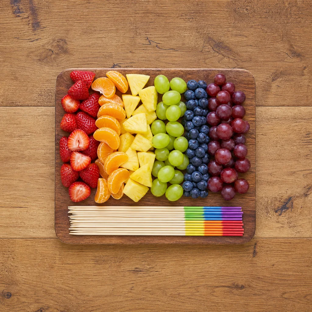 Rainbow fruit kabob ingredients including strawberries oranges pineapple green grapes blueberries and purple grapes with wooden skewers