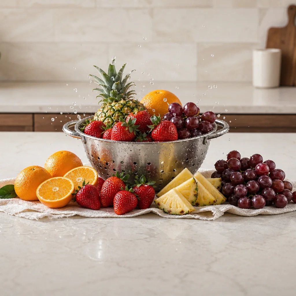 Fresh strawberries oranges pineapple and grapes being washed and dried on a kitchen counter