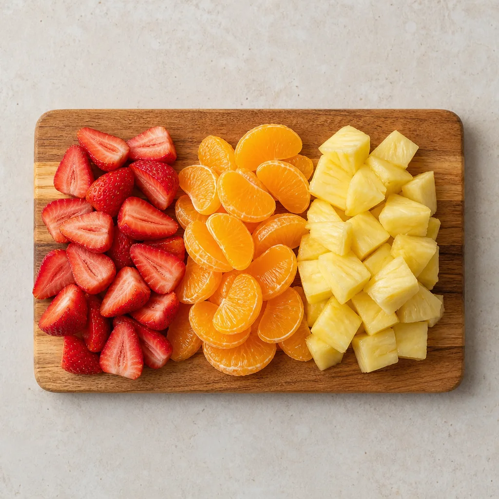 Strawberries oranges and pineapple cut into bite-size pieces for fruit kabobs on a cutting board