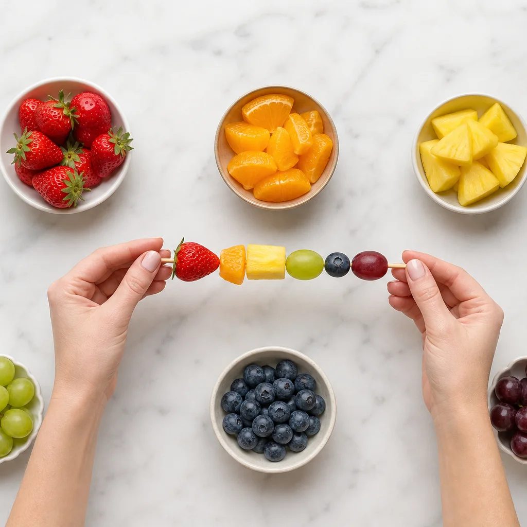 Hands threading rainbow fruit onto wooden skewers in red orange yellow green blue purple order