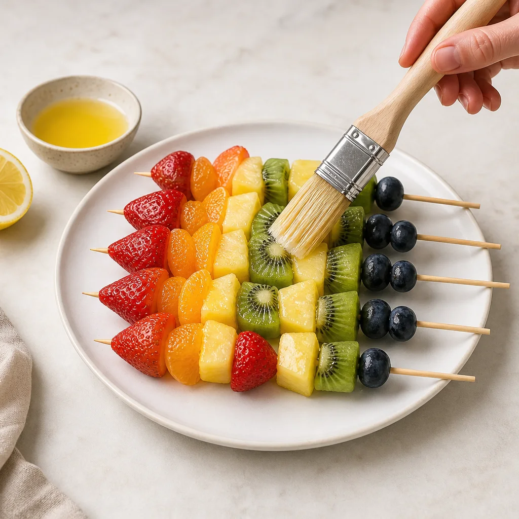 Lemon juice being brushed onto fresh fruit kabobs on wooden skewers