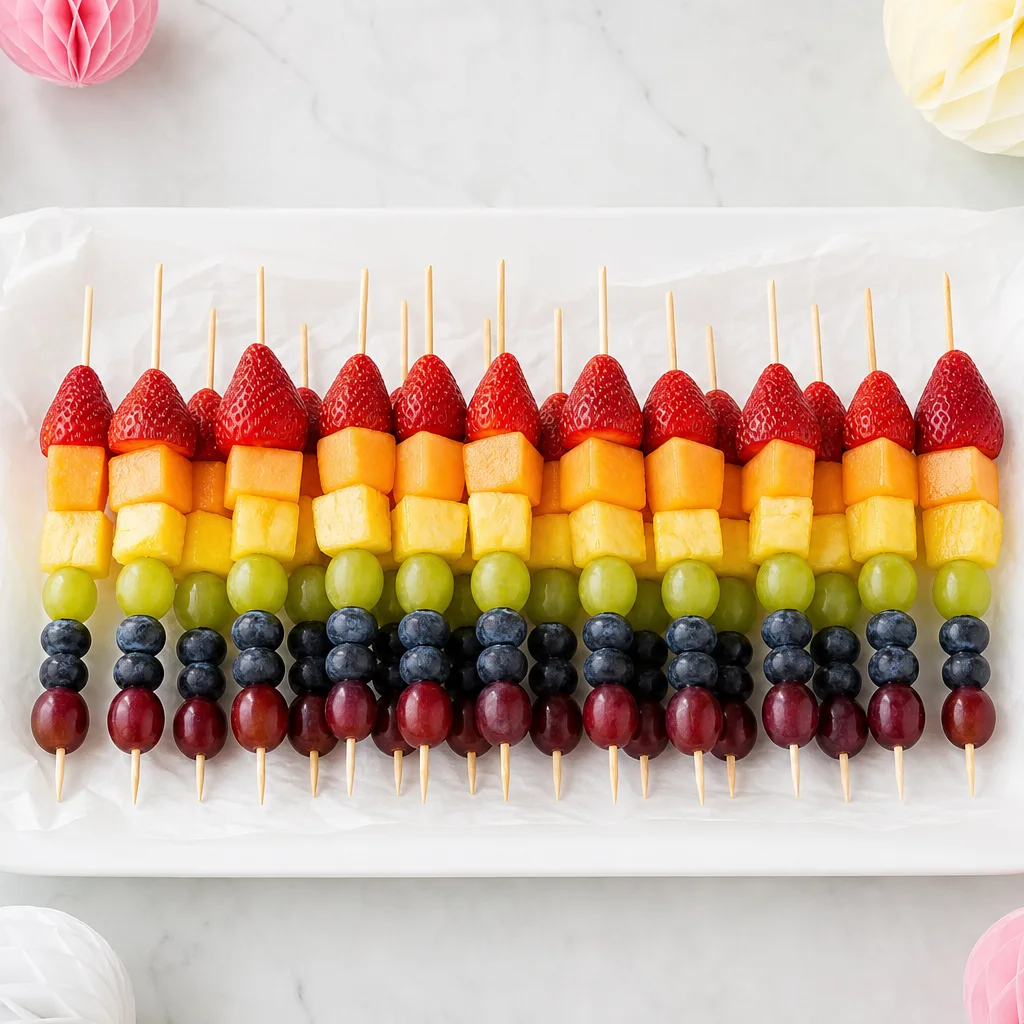 Rainbow fruit kabobs arranged on a white serving platter ready for a party