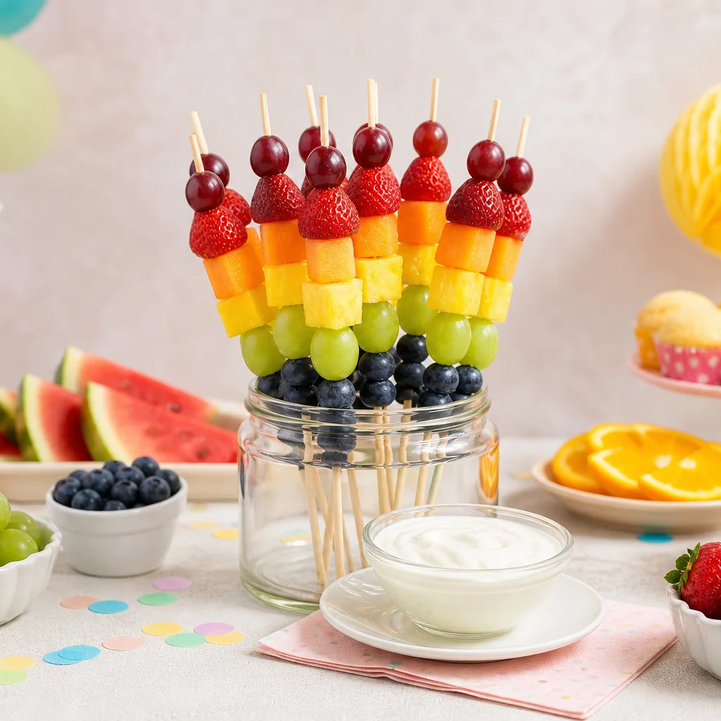 Rainbow fruit kabobs served with yogurt dip on a party table