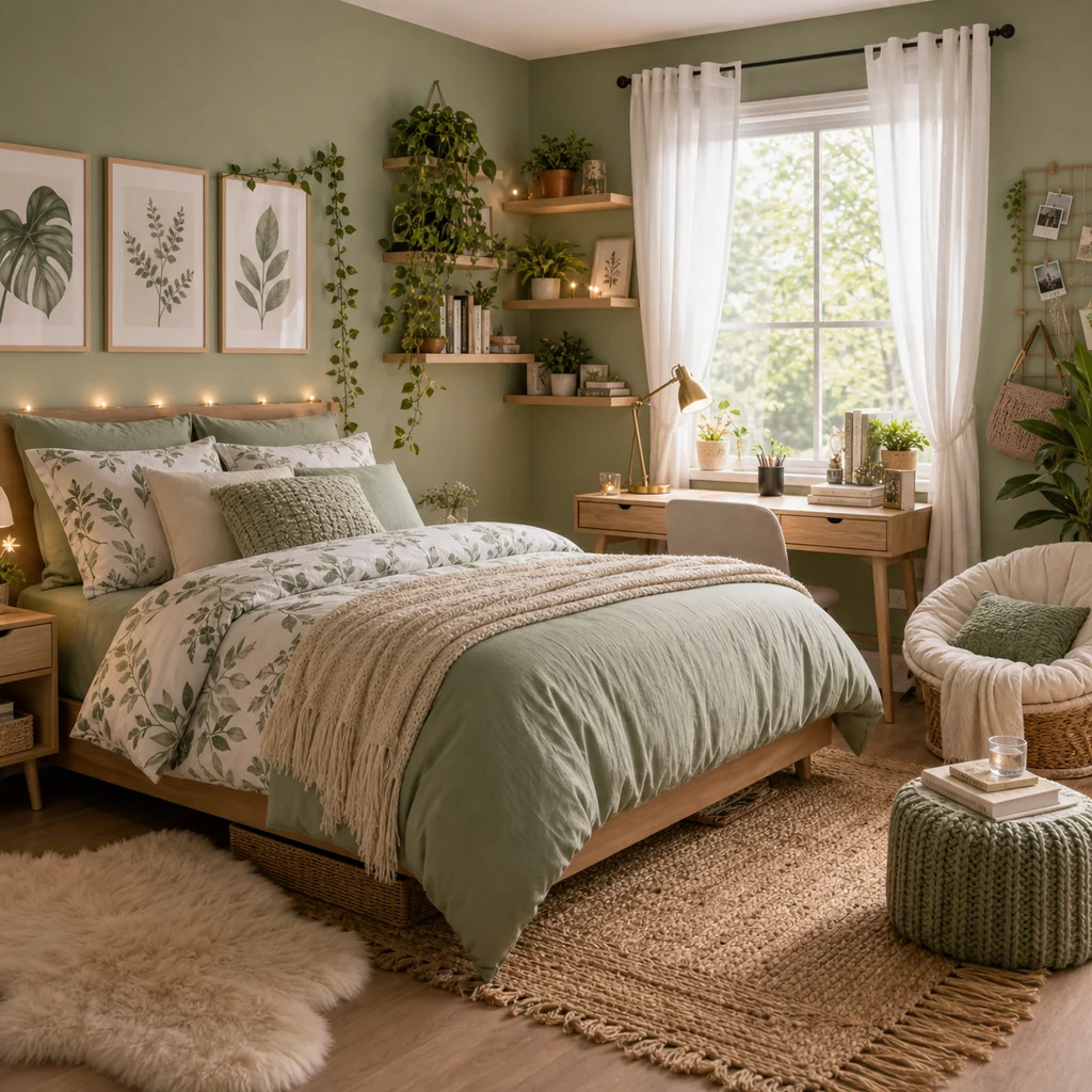 sage green teen girls bedroom with plants and natural wood desk
