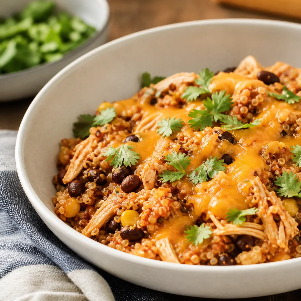 Finished slow cooker chicken enchilada quinoa with shredded chicken, black beans, corn, cheddar, cilantro, and lime