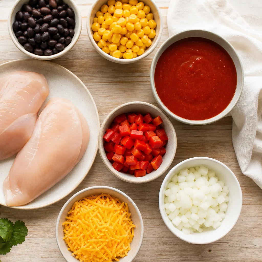 Ingredients for chicken enchilada quinoa including quinoa, chicken, black beans, corn, enchilada sauce, and lime