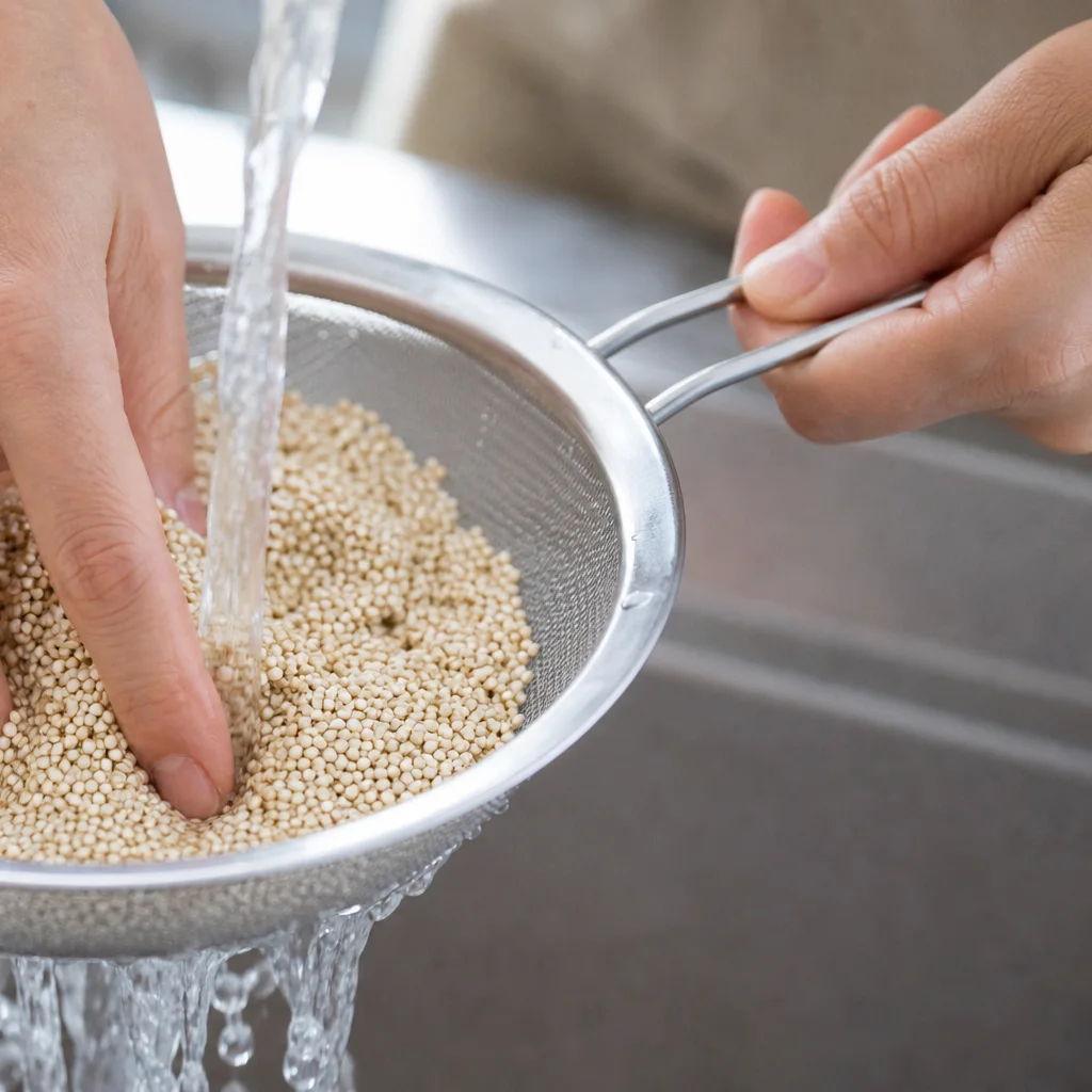 Rinsing quinoa under cold water in a fine mesh strainer before cooking