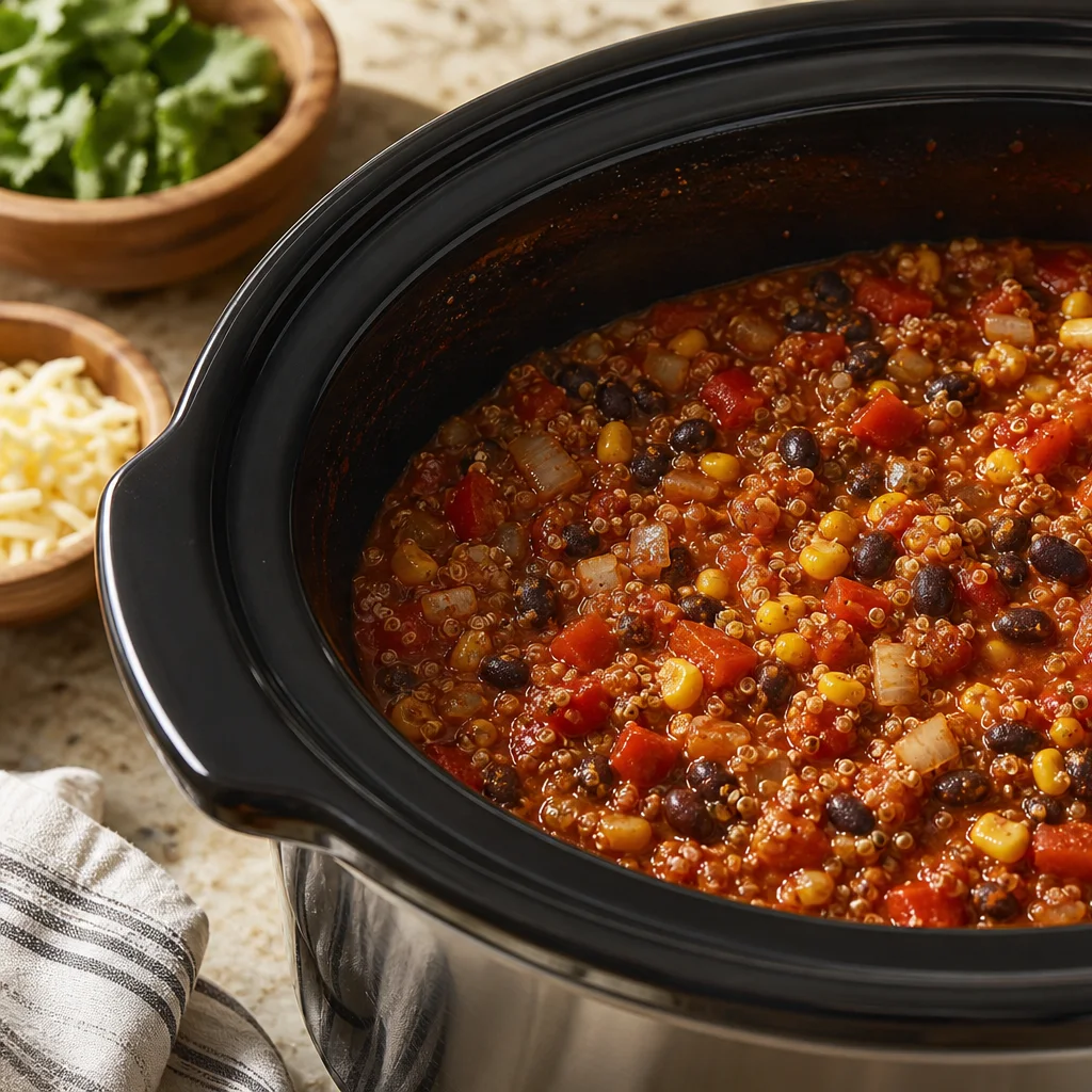 Quinoa, black beans, corn, bell pepper, onion, and enchilada sauce mixed in a slow cooker before adding chicken