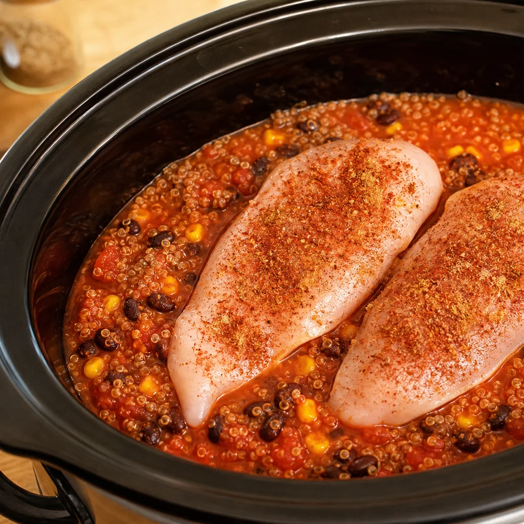 Raw chicken breasts placed on top of enchilada quinoa mixture in a slow cooker with cumin and chili powder