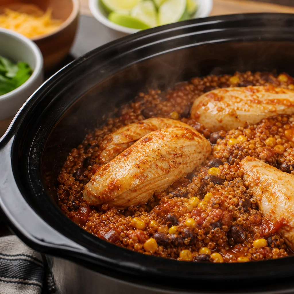 Cooked chicken breasts on tender enchilada quinoa with black beans and corn in a slow cooker