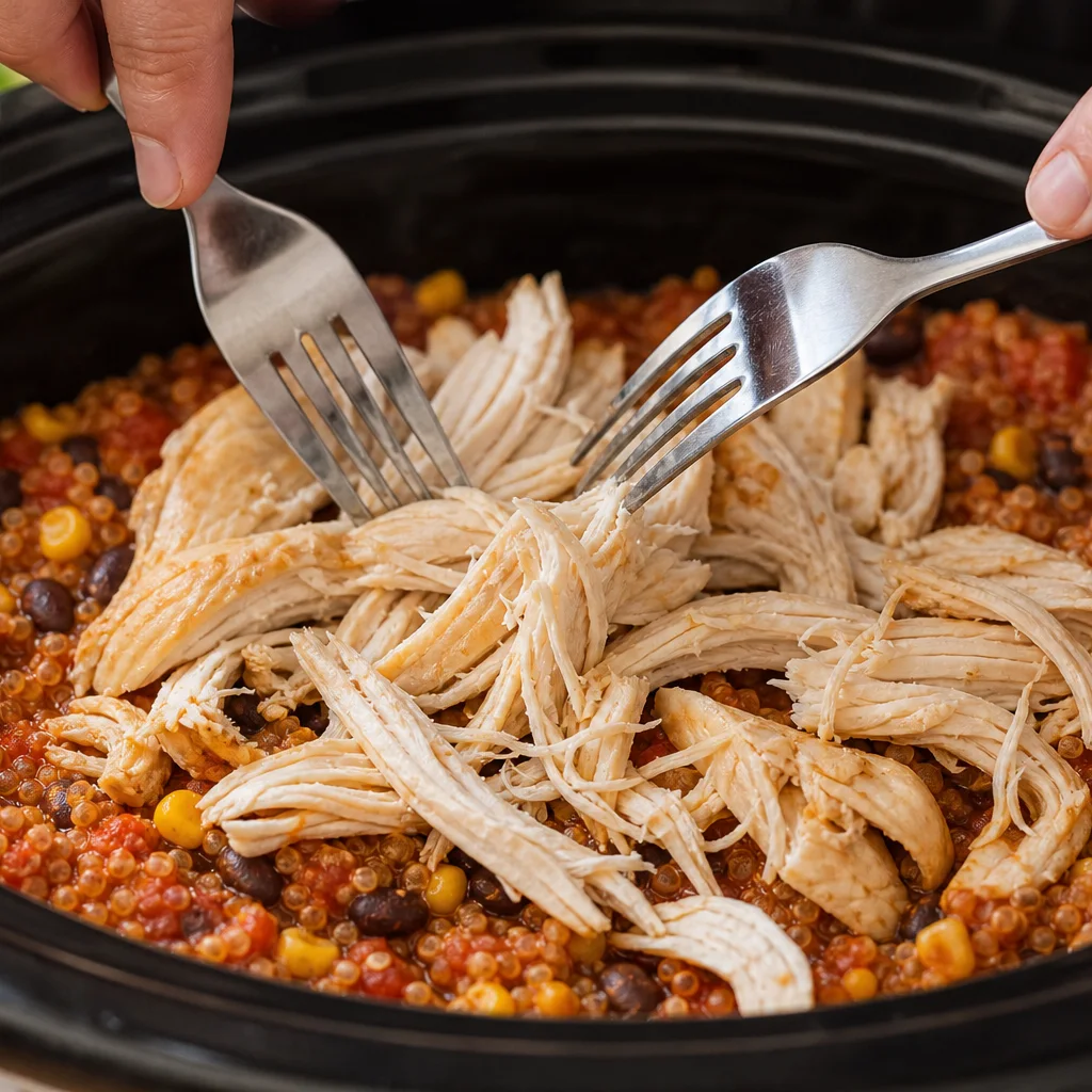 Shredding cooked chicken with two forks to stir back into enchilada quinoa