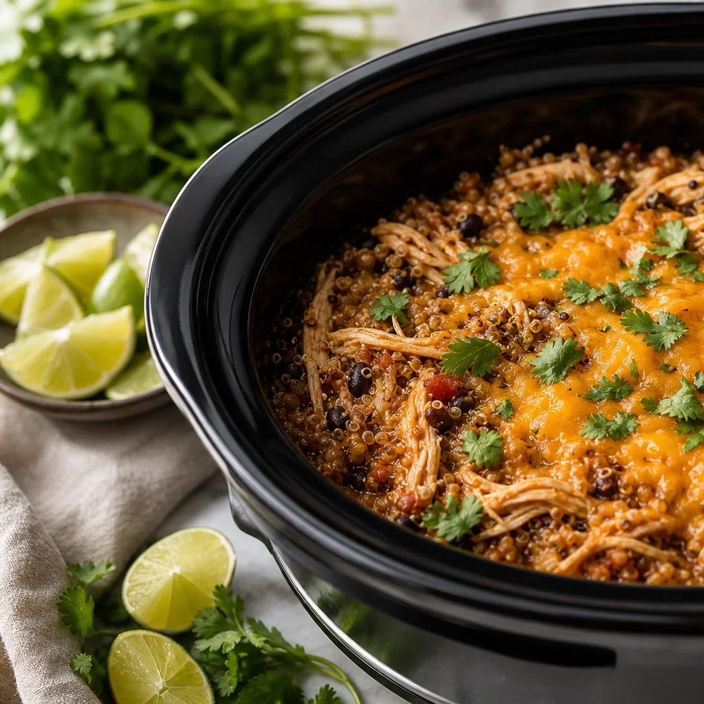 Shredded chicken enchilada quinoa topped with melted cheddar, cilantro, and lime in a slow cooker
