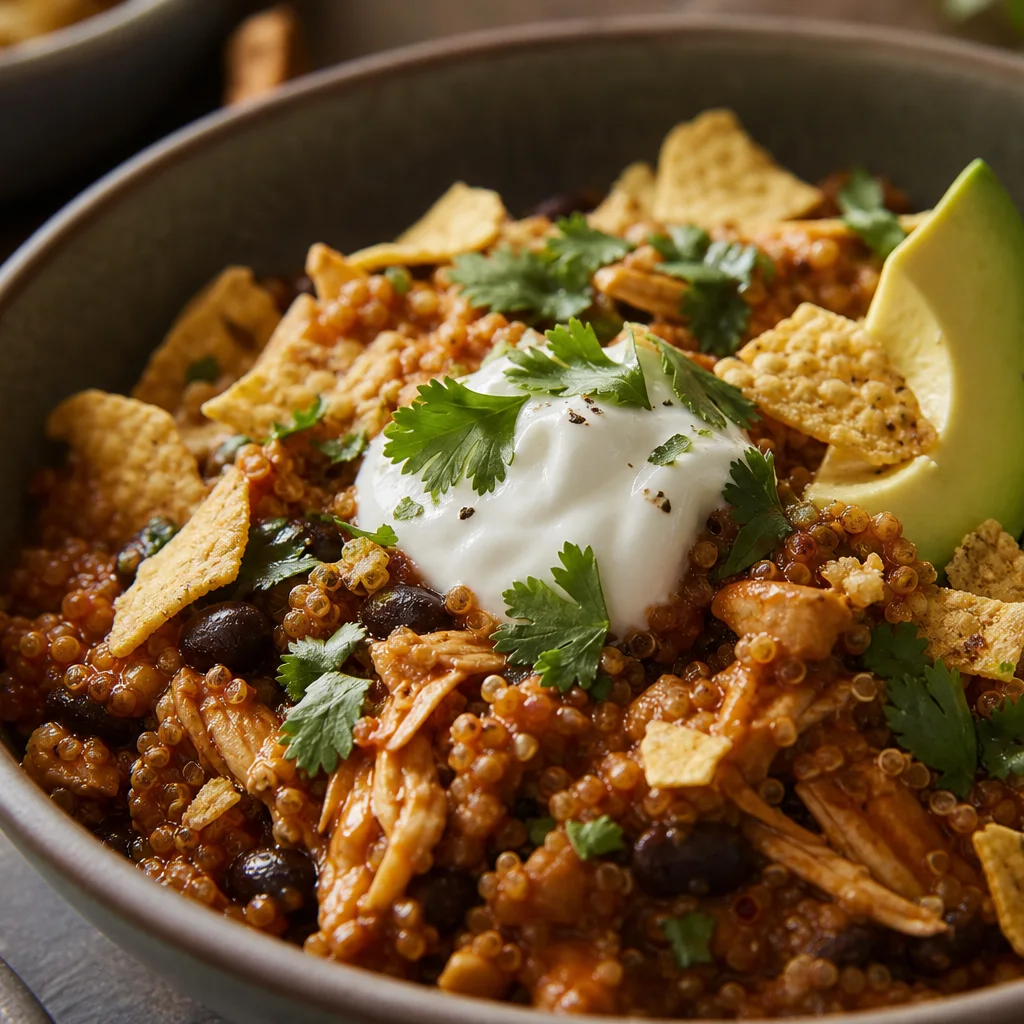 Serving bowl of chicken enchilada quinoa with avocado, sour cream, tortilla chips, cilantro, and lime