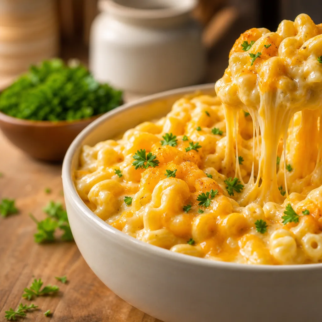 Creamy crock pot mac and cheese with elbow pasta, melted cheddar, and fresh parsley