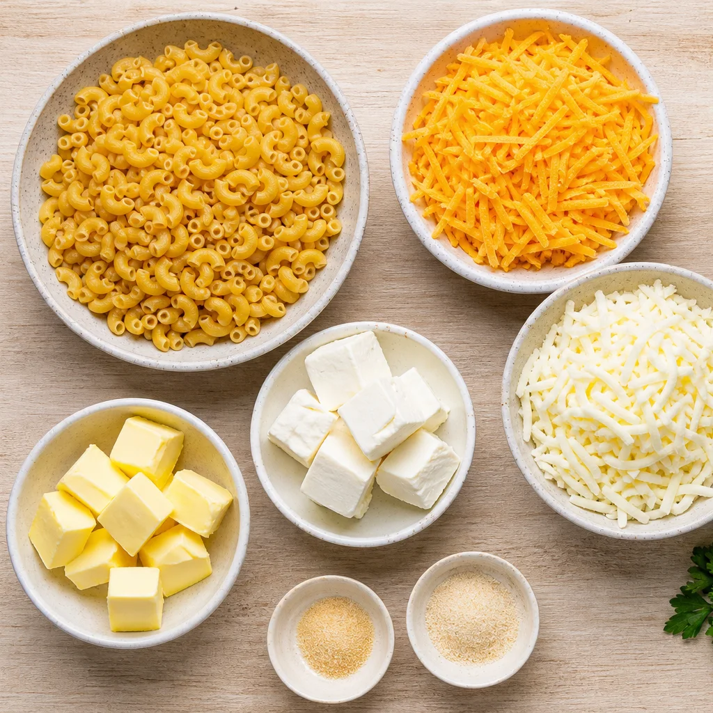 Crock pot mac and cheese ingredients including elbow macaroni, cheddar, mozzarella, cream cheese, milk, and butter