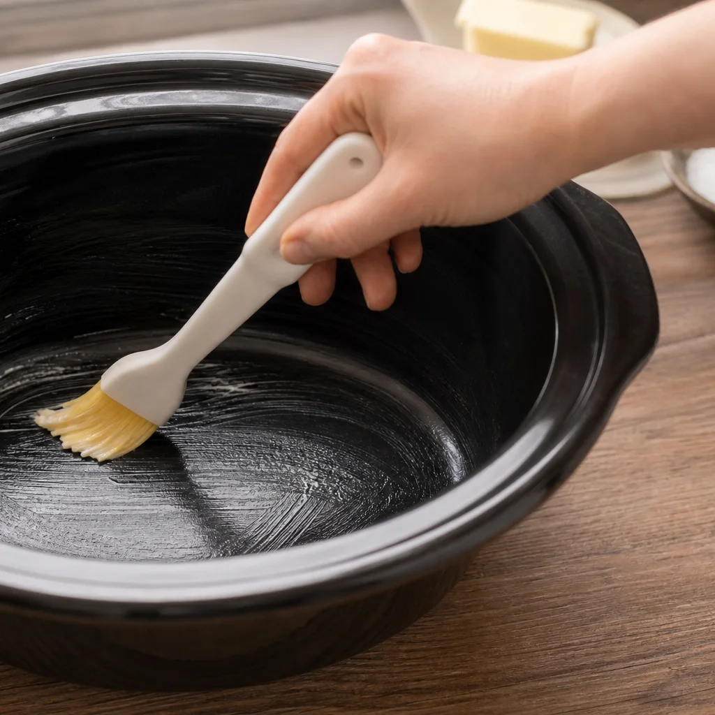 Greasing the inside of a slow cooker insert before making mac and cheese