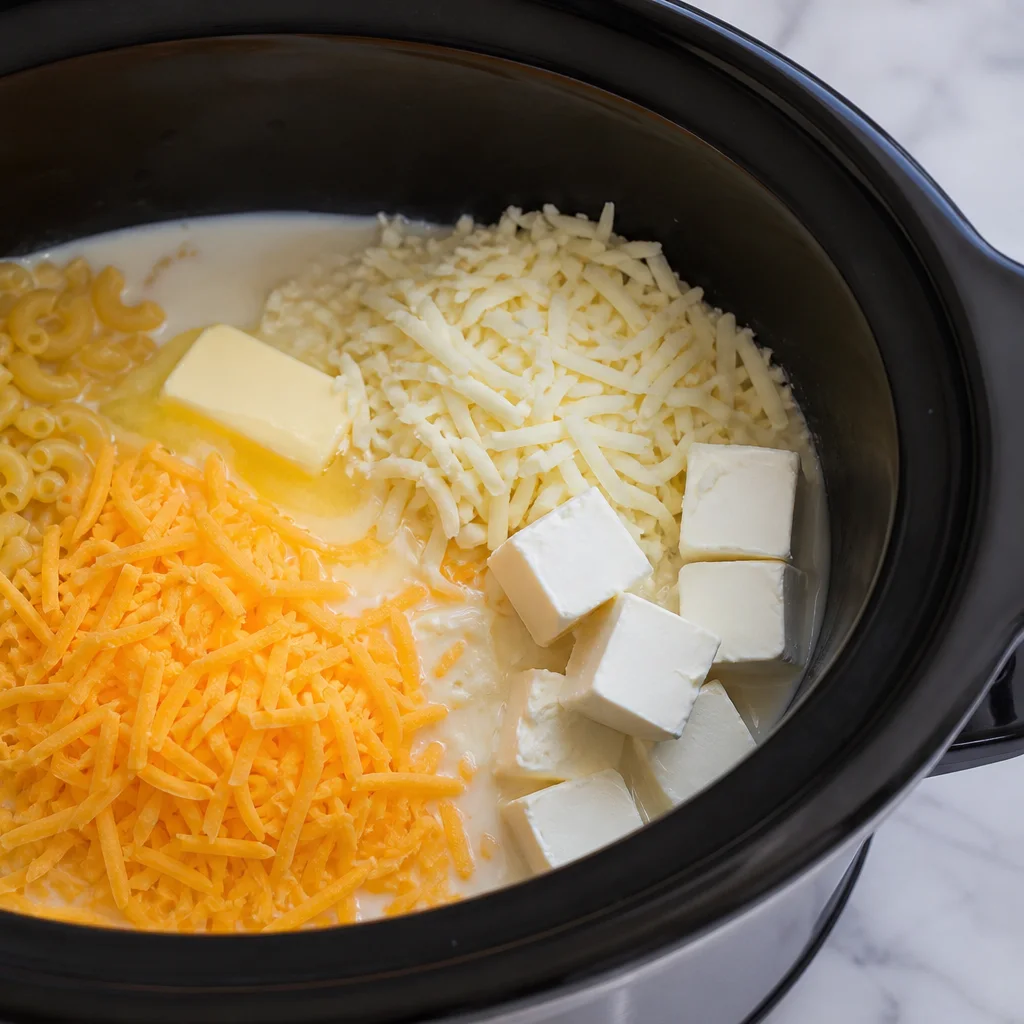 Uncooked macaroni, shredded cheese, milk, and butter combined in a slow cooker before cooking