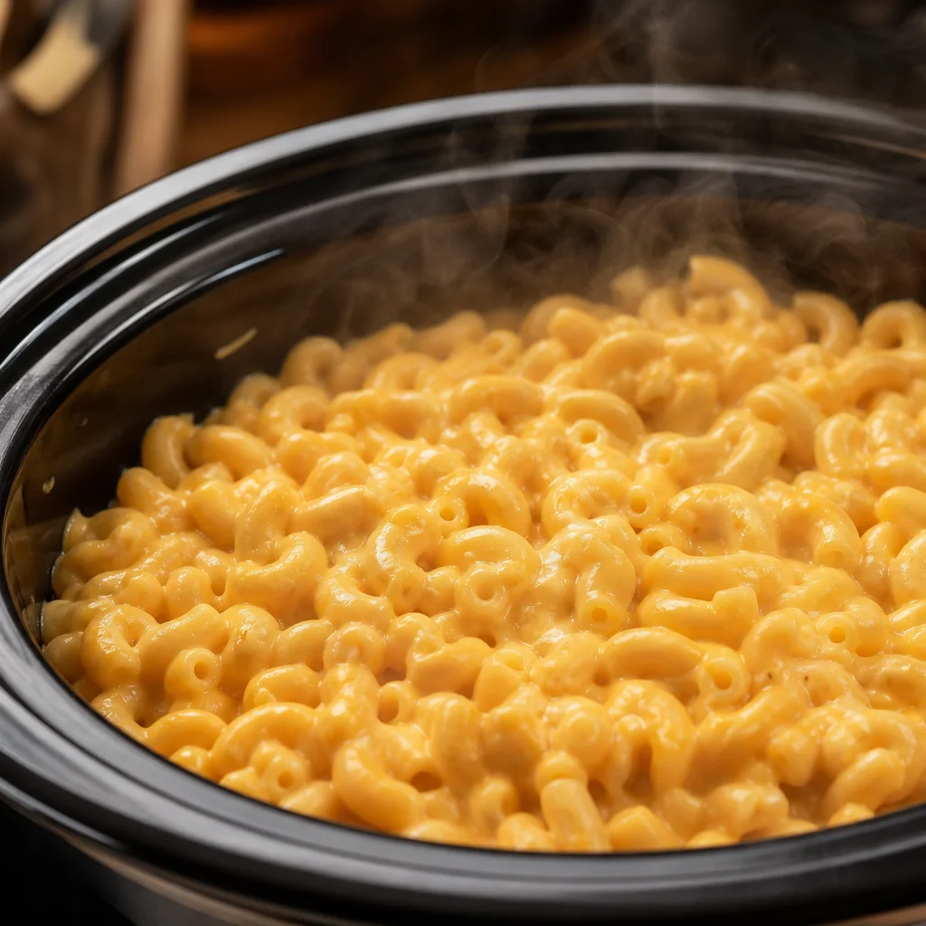 Creamy mac and cheese cooking in a slow cooker with melted cheddar sauce coating elbow pasta