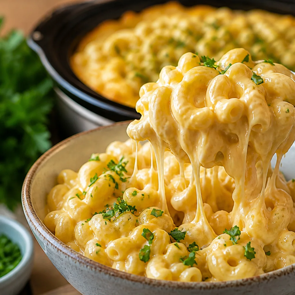 Scooping creamy crock pot mac and cheese into a bowl with parsley garnish