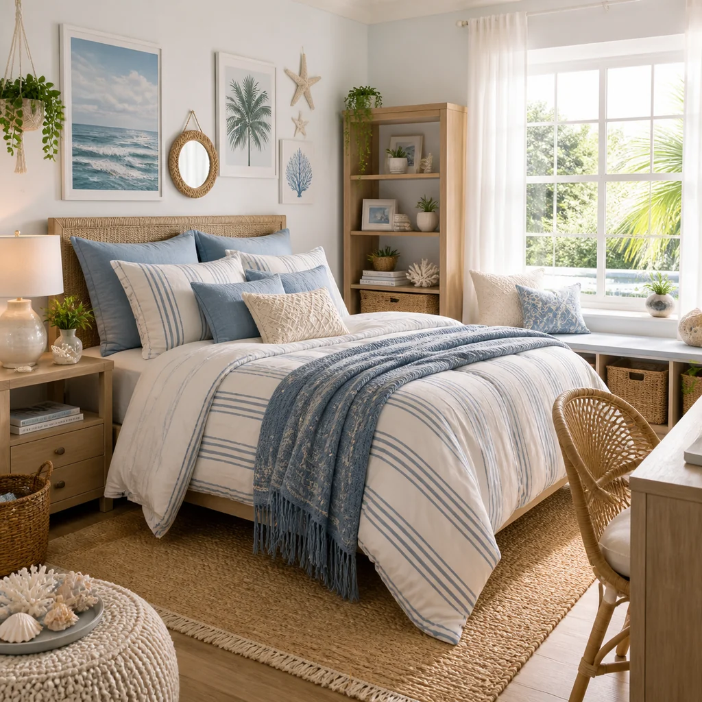 blue and white coastal teen girls bedroom with striped bedding