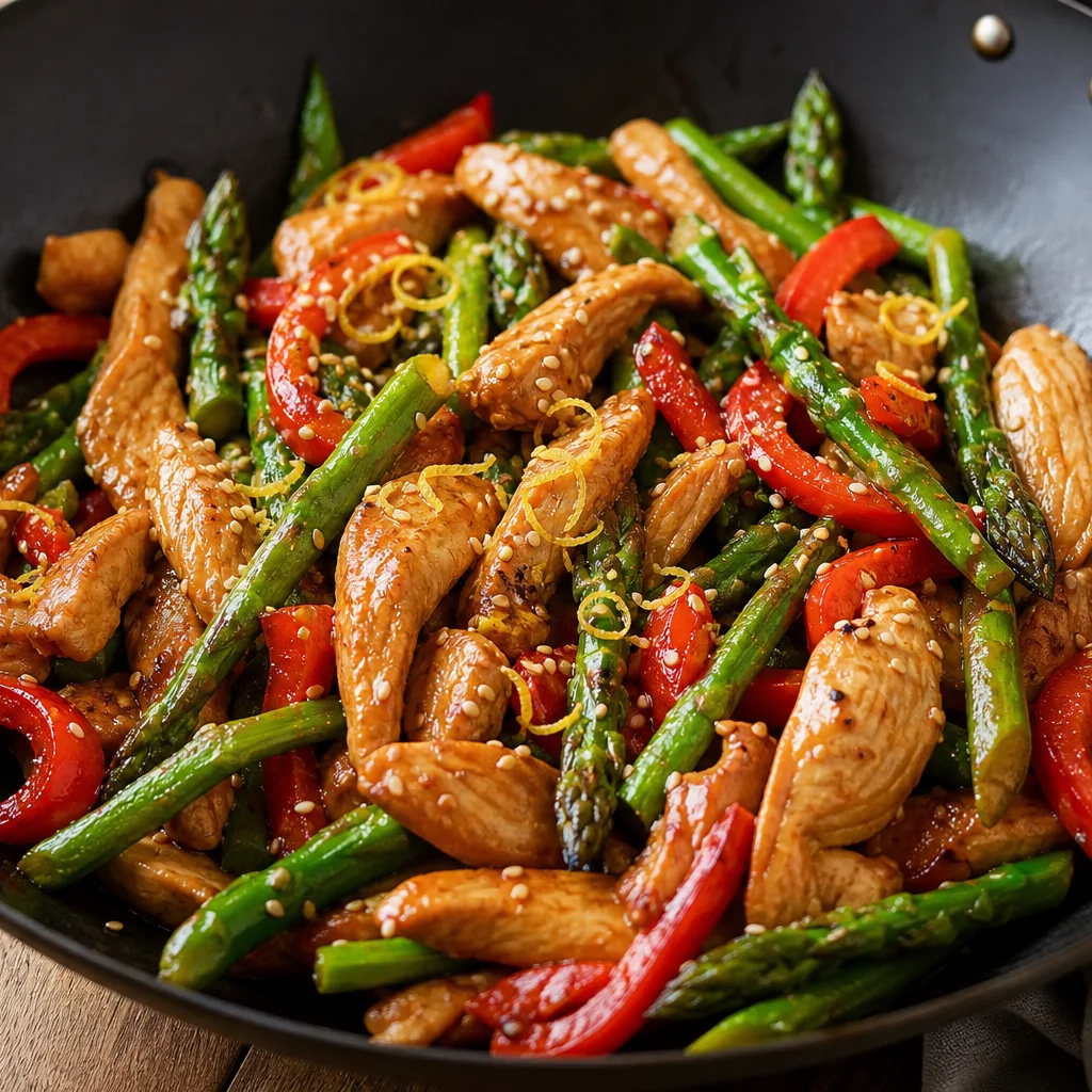 Chicken asparagus lemon stir fry with glossy sauce, bell pepper, and sesame seeds in a wok
