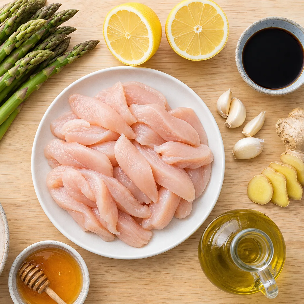 Chicken asparagus lemon stir fry ingredients including chicken breast, asparagus, lemon, garlic, ginger, and soy sauce