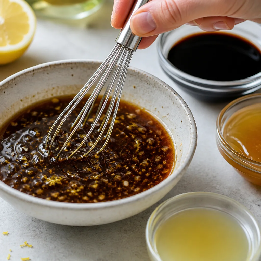 Lemon soy stir fry sauce with honey and lemon zest in a small bowl