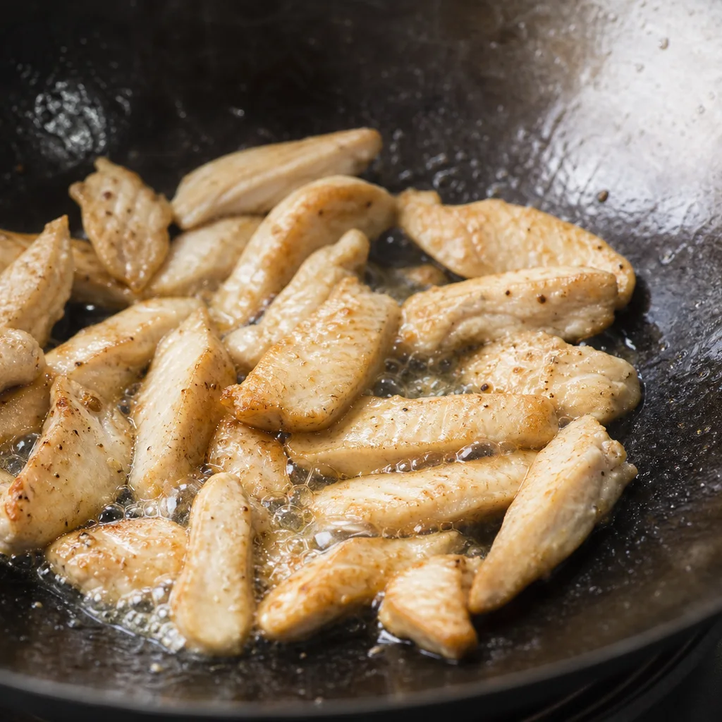 Golden sliced chicken breast cooking in a hot wok for stir fry