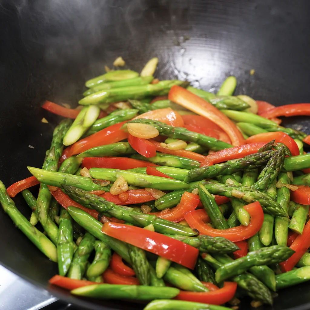 Asparagus and bell pepper stir frying with garlic and ginger in a wok