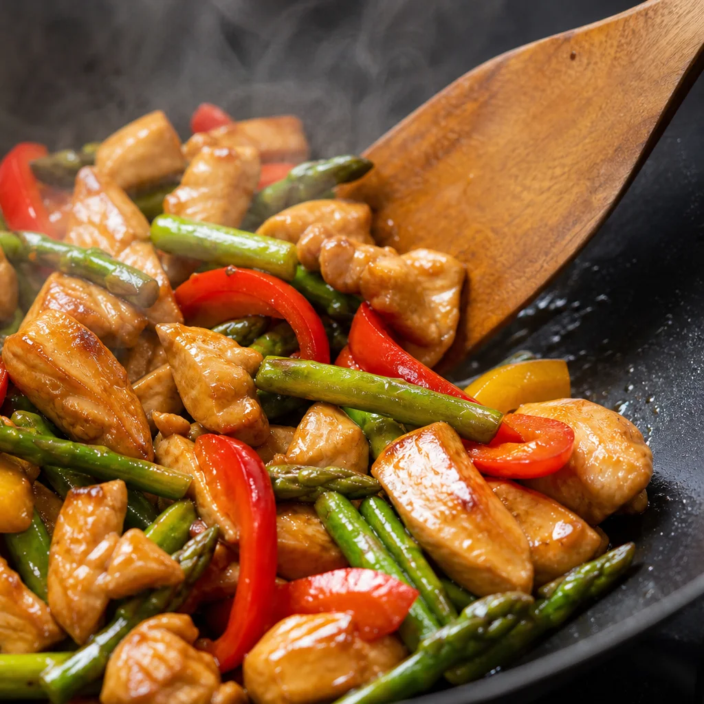 Chicken asparagus and bell pepper coated in glossy lemon soy stir fry sauce