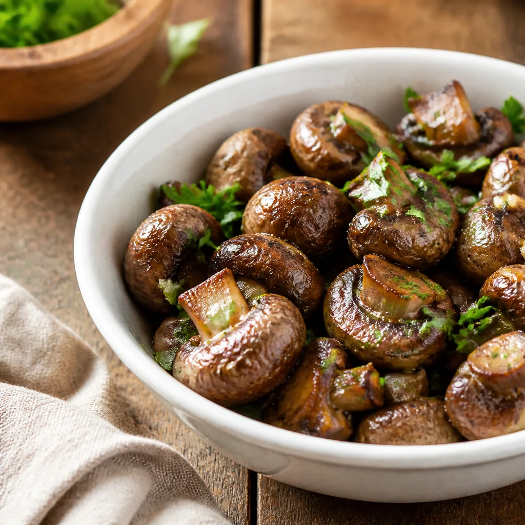 Roasted mushrooms with garlic in a serving bowl garnished with fresh parsley