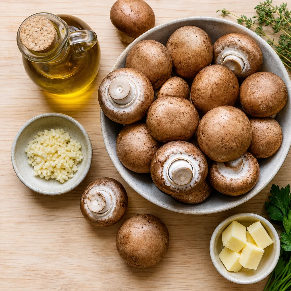 Roasted mushroom ingredients including cremini mushrooms, garlic, olive oil, thyme, and butter